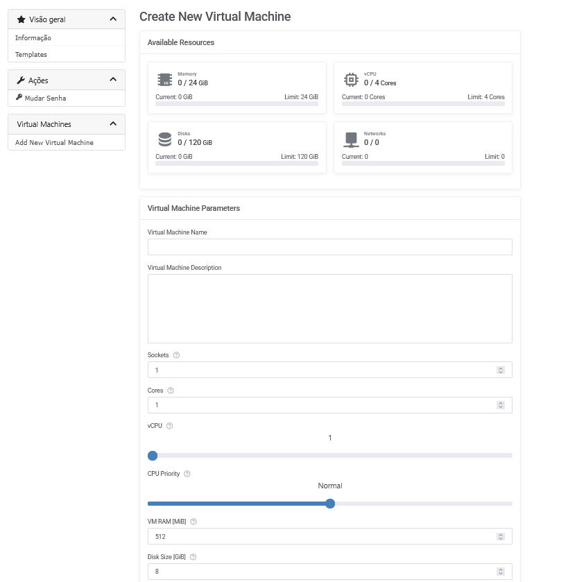 Formulário Create New Virtual Machine com campos de nome, CPU, RAM e disco