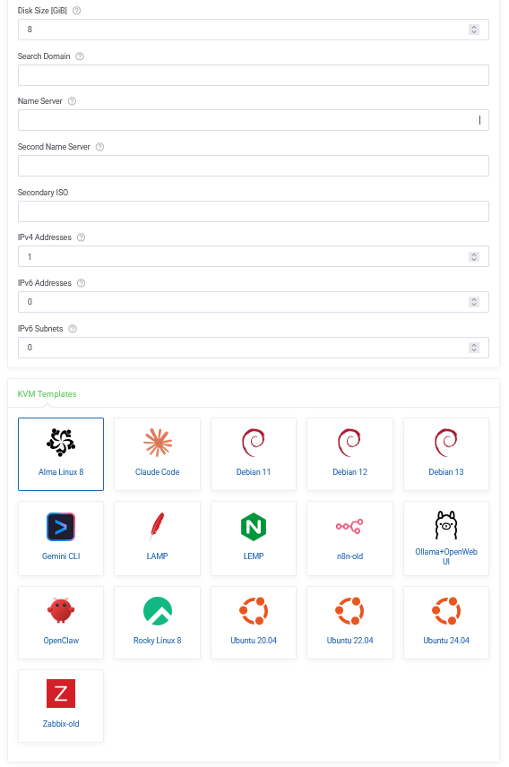 Seção de templates KVM com opções de sistema operacional disponíveis