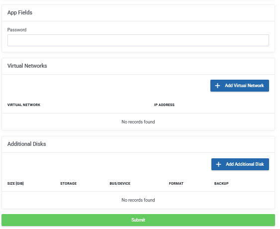Campos de senha, redes virtuais, discos adicionais e botão Submit