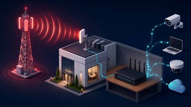 Topologia IP Móvel: torre LTE conectada a antena CPE no prédio, roteador Mikrotik e dispositivos de rede