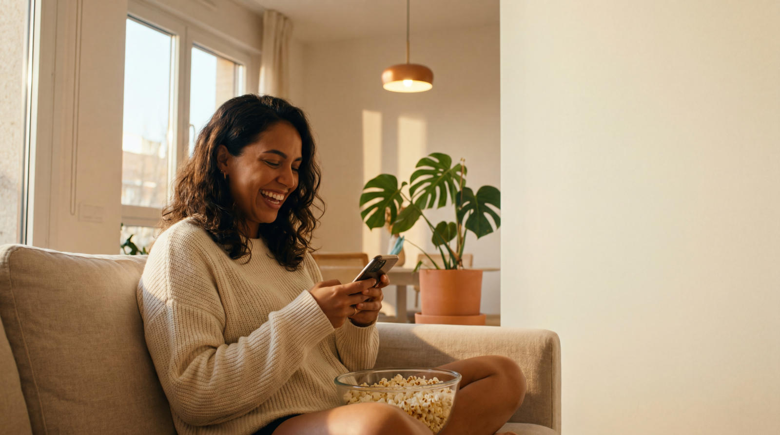 Pessoa sorrindo no sofá usando o celular com NT Móvel