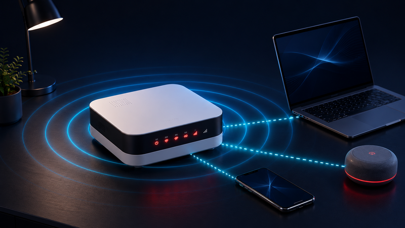 Box / FWA plug & play emitindo WiFi para notebook, celular e dispositivos em um escritório