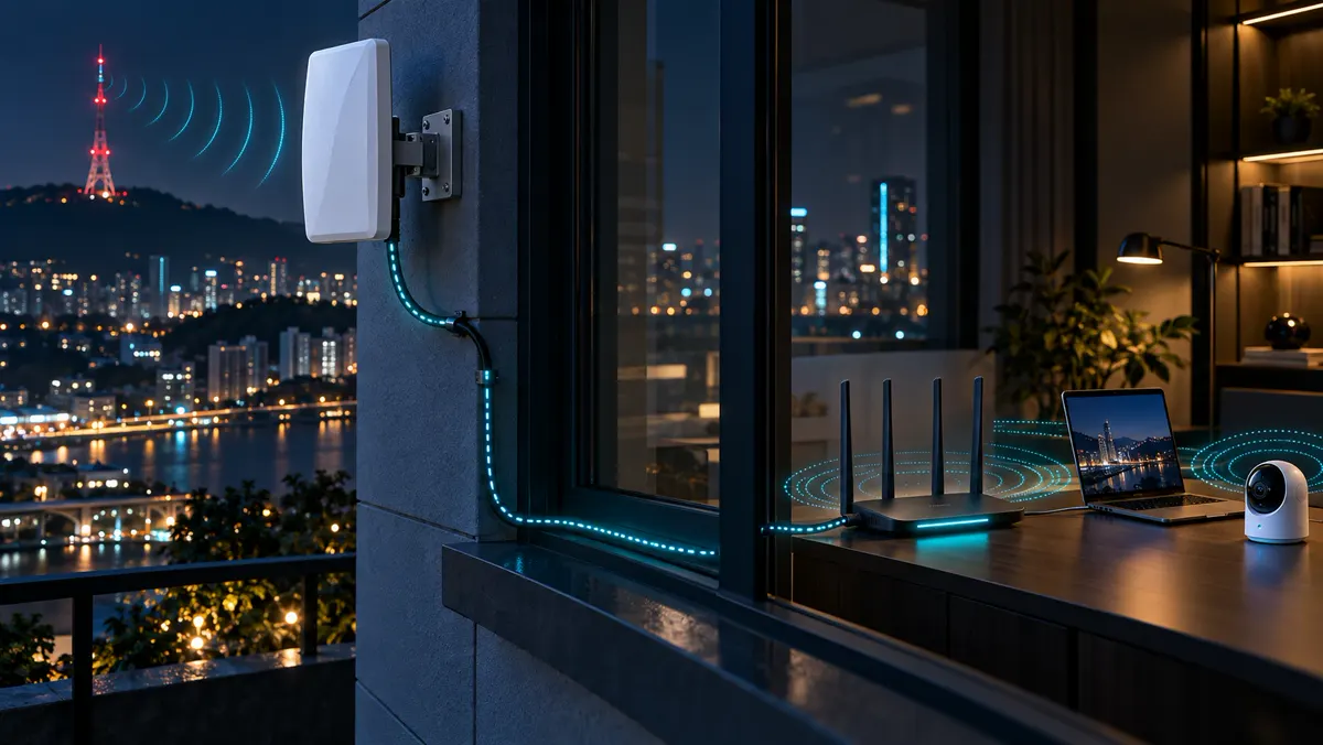 NT Box + CPE: antena externa na parede ligada por cabo ao roteador dentro de casa